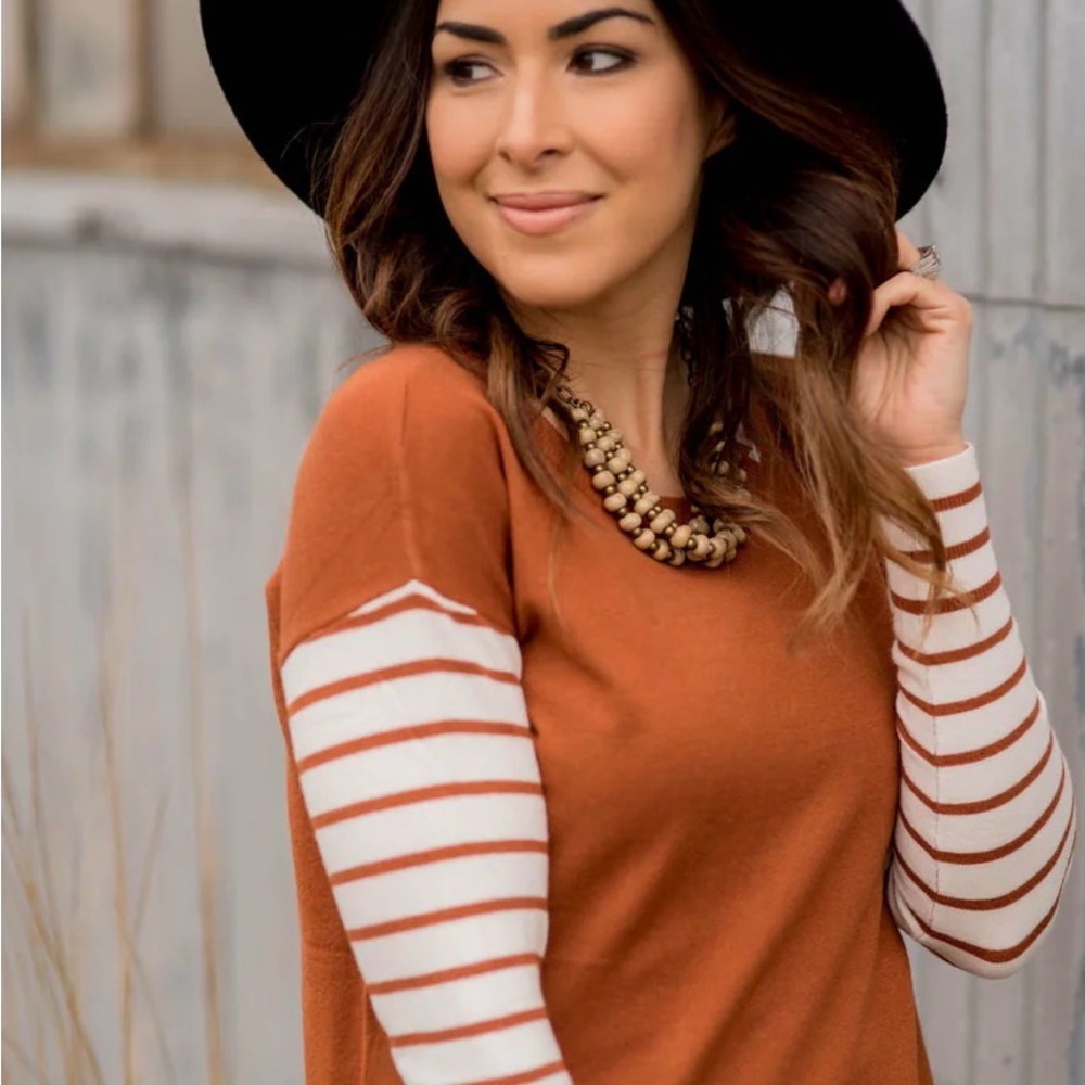 Staccato Striped Trimmed Long Sleeve Sweater Tee